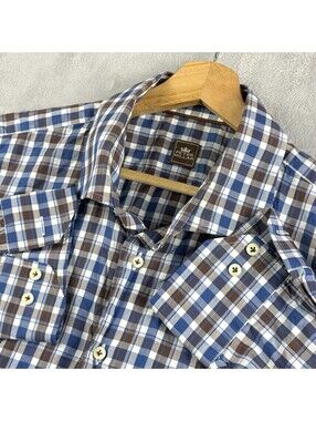 Peter Millar Blue Brown Plaid Button Up Dress Shirt Mens XL business casual Prep